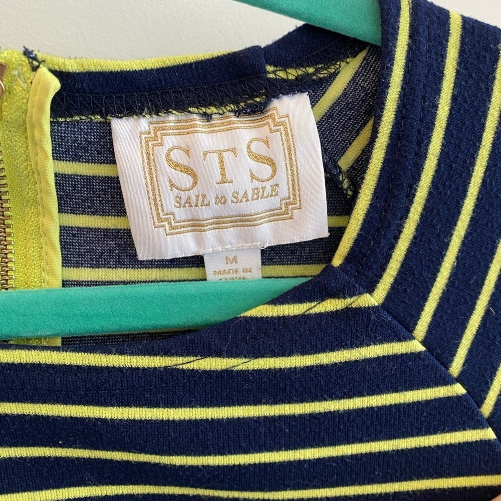 Sail to Sable Navy & Yellow-Green Striped T-Shirt Dress, Easy Chic, Size M - Picture 3 of 4